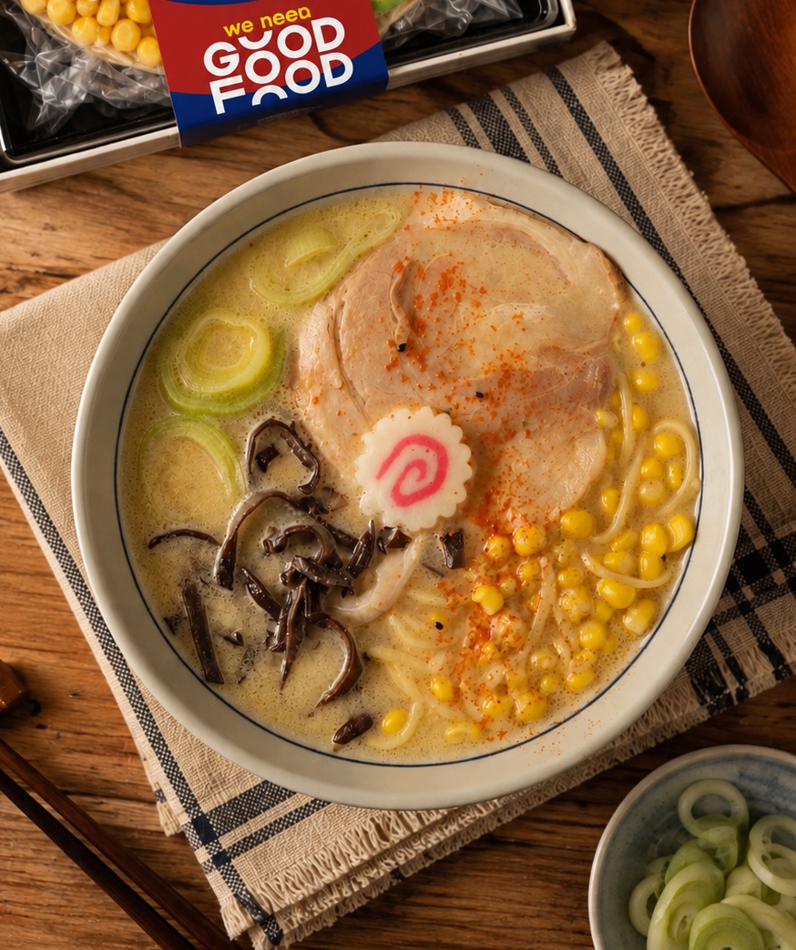 A bowl of creamy tonkotsu ramen with char siu, sweetcorn, black fungus, leek and fish cake, seen from above.