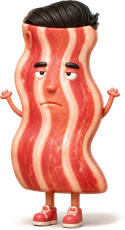 Mr Bacon, a rasher of bacon character with a glossy black quiff, red trainers and raised hands