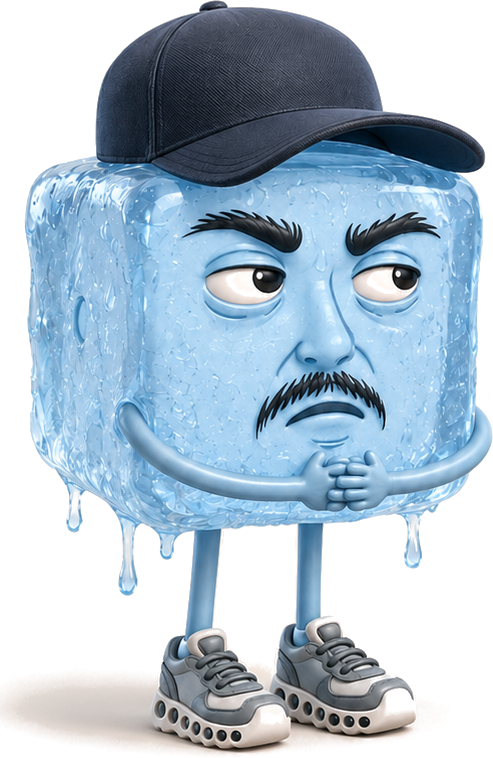 Iceman, an ice cube character in a navy baseball cap and grey trainers, with a heavy brow, a moustache and a suspicious sideways glance