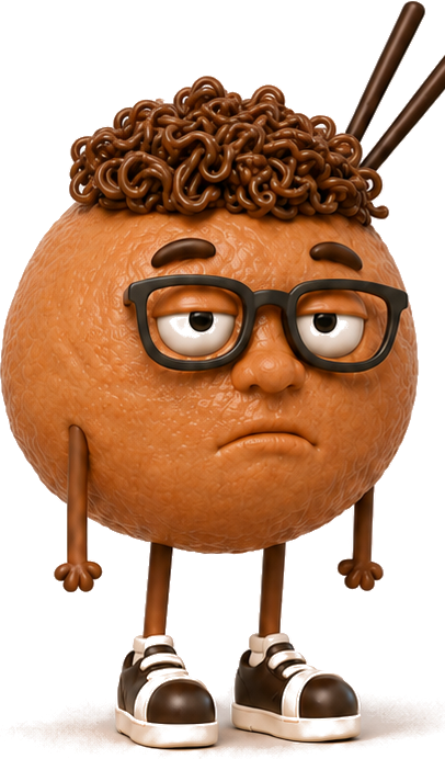 Sir Meatball, a round meatball character with curly noodle hair topped with chopsticks, big glasses and a permanently unimpressed frown