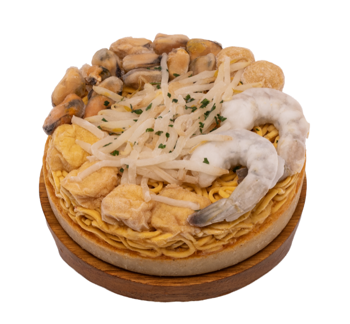 Singaporean seafood laksa ramen, frozen cake on its board